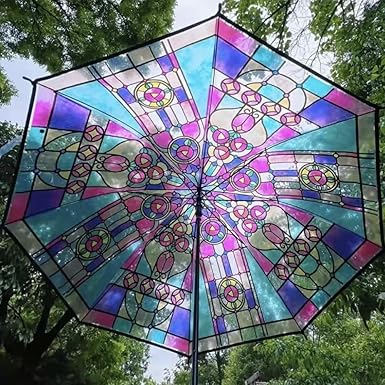 Stained Glass Style Folding Umbrella – Artistic Print Auto Open/Close Umbrella, Compact Travel Sun & Rain Umbrella