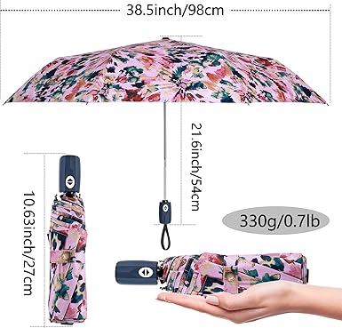 Compact Auto Open/Close Folding Umbrella – 98cm Sun & Rain Travel Umbrella with Colorful Print, Lightweight 330g Design