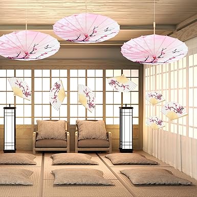Pink Floral Paper Umbrella & Folding Fan Set – 22in Decorative Parasol and 15in Fan for Weddings, Photos, Performances