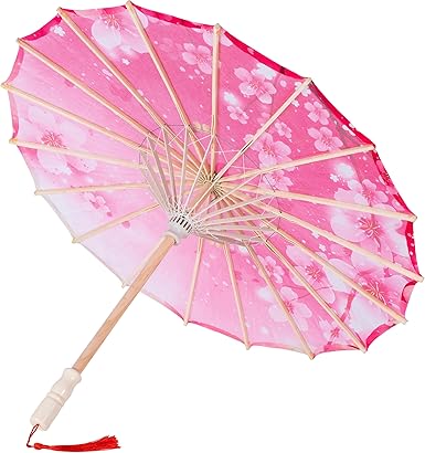 Pink Floral Paper Umbrella & Folding Fan Set – Decorative Prop Combo for Wedding, Party, Photography, Gift Packaging