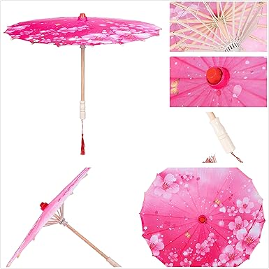 Pink Floral Paper Umbrella & Folding Fan Set – Decorative Prop Combo for Wedding, Party, Photography, Gift Packaging