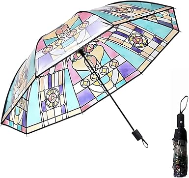 Stained Glass Style Folding Umbrella – Artistic Print Auto Open/Close Umbrella, Compact Travel Sun & Rain Umbrella