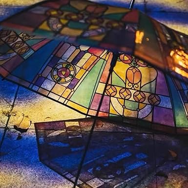 Stained Glass Style Folding Umbrella – Artistic Print Auto Open/Close Umbrella, Compact Travel Sun & Rain Umbrella