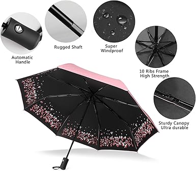 44-Inch Large Folding Umbrella – Automatic Open/Close Cherry Blossom Travel Umbrella, Sun & Rain Protection, Compact & Windproof