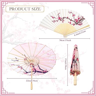 Pink Floral Paper Umbrella & Folding Fan Set – 22in Decorative Parasol and 15in Fan for Weddings, Photos, Performances