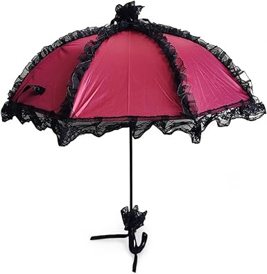 Vintage Lace Trimmed Umbrella – Red & Black Decorative Parasol with Ruffles and Bow, Photo Prop & Costume Accessory