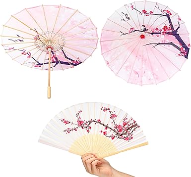 Pink Floral Paper Umbrella & Folding Fan Set – 22in Decorative Parasol and 15in Fan for Weddings, Photos, Performances