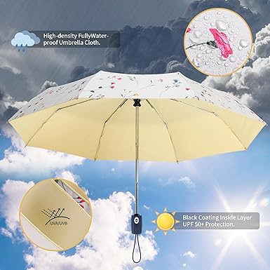 98cm Dual-Purpose Umbrella – Lightweight Folding Sun & Rain Umbrella with Yellow Cartoon Inner Layer, 330g Travel Compact Parasol
