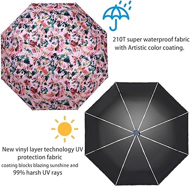 Compact Auto Open/Close Folding Umbrella – 98cm Sun & Rain Travel Umbrella with Colorful Print, Lightweight 330g Design