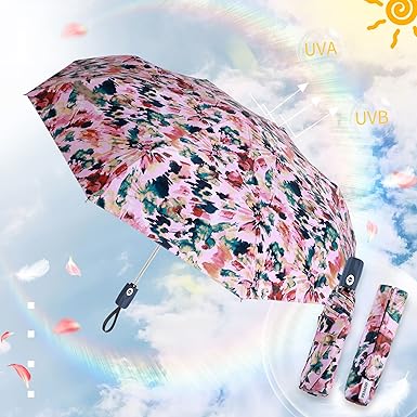 Compact Auto Open/Close Folding Umbrella – 98cm Sun & Rain Travel Umbrella with Colorful Print, Lightweight 330g Design