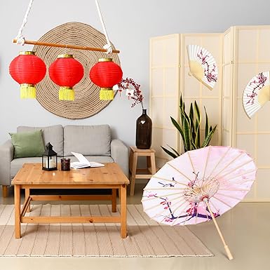 Pink Floral Paper Umbrella & Folding Fan Set – 22in Decorative Parasol and 15in Fan for Weddings, Photos, Performances