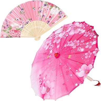 Pink Floral Paper Umbrella & Folding Fan Set – Decorative Prop Combo for Wedding, Party, Photography, Gift Packaging